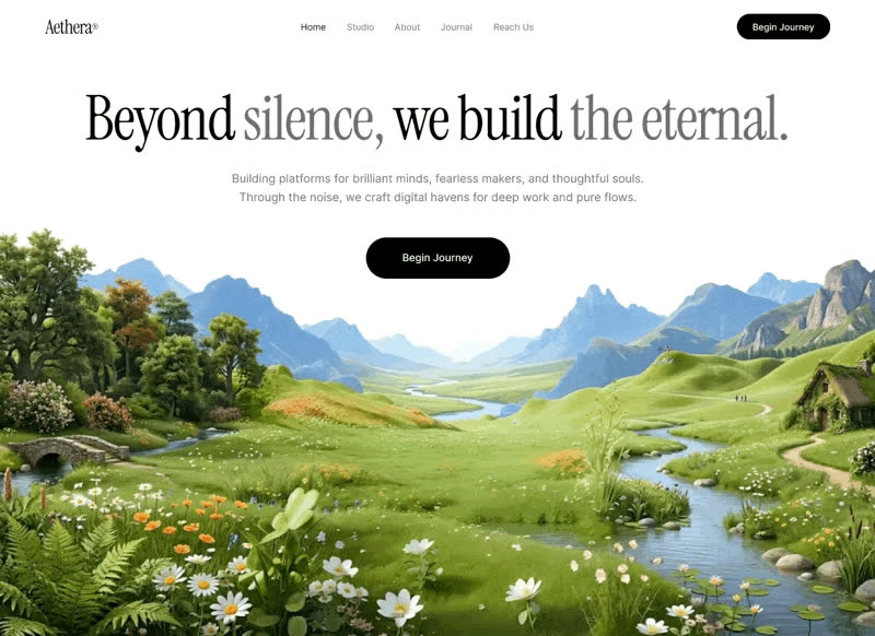 Aethera editorial website concept with a serene natural landscape