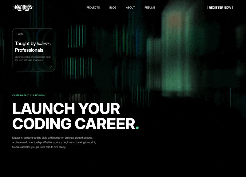 CodeNest coding education website concept in a dark green visual style