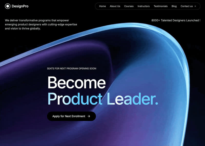 DesignPro product design education website with a blue abstract form