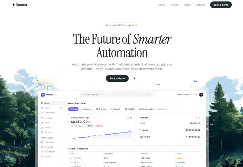 Nexora automation platform website with a financial dashboard