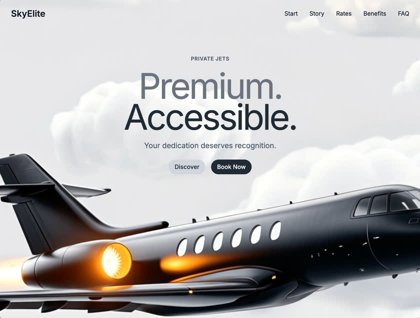SkyElite private aviation booking website with a jet above clouds