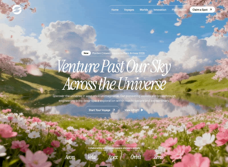 Space Voyage website concept with a bright floral extraterrestrial landscape