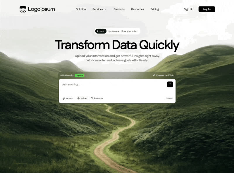 AI data product website with a prompt interface over a green landscape