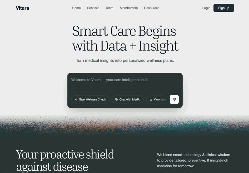 Vitara health technology website with a clinical data interface