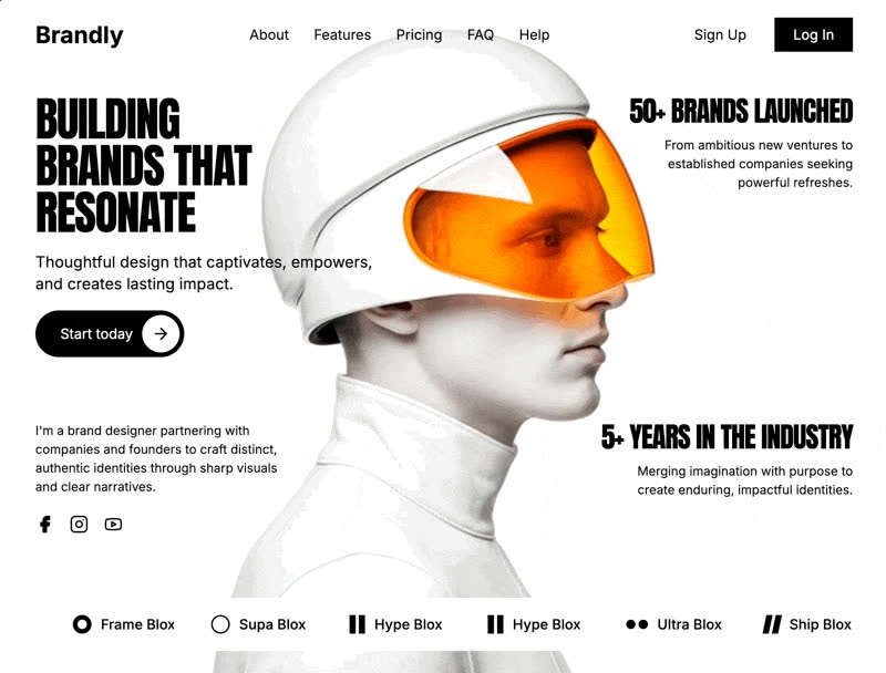 Brandly portfolio website with bold typography and a futuristic orange portrait